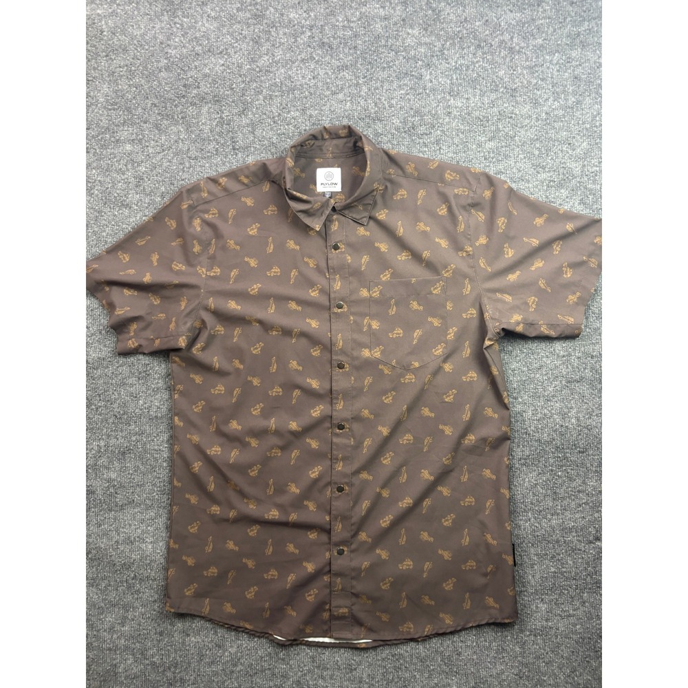 Flylow Button Down Shirt Mens Large Brown Camper Print Short Sleeve Stretch L